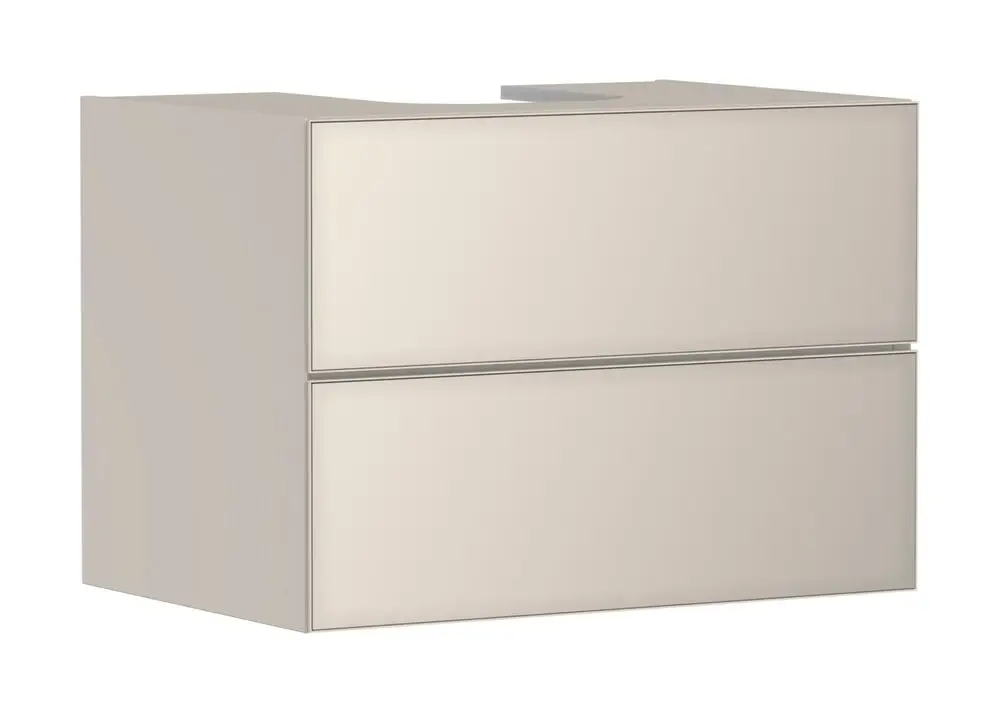 Waschtischunterschrank in matt sandbeige von Hansgrohe mit zwei Schubkästen. Kompakte Bauweise für Konsolen und Aufsatzwaschtisch.